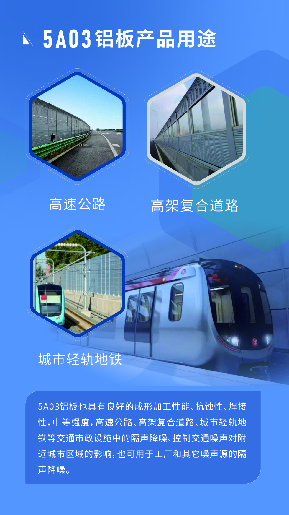 5A03鋁板也具有良好的成形加工性能、抗蝕性、焊接性,中等強(qiáng)度,高速公路、高架復(fù)合道路、城市輕軌地鐵等交通市政設(shè)施中的隔聲降噪、控制交通噪聲對(duì)附近城市區(qū)域的影響,也可用于工廠和其它噪聲源的隔聲降噪。