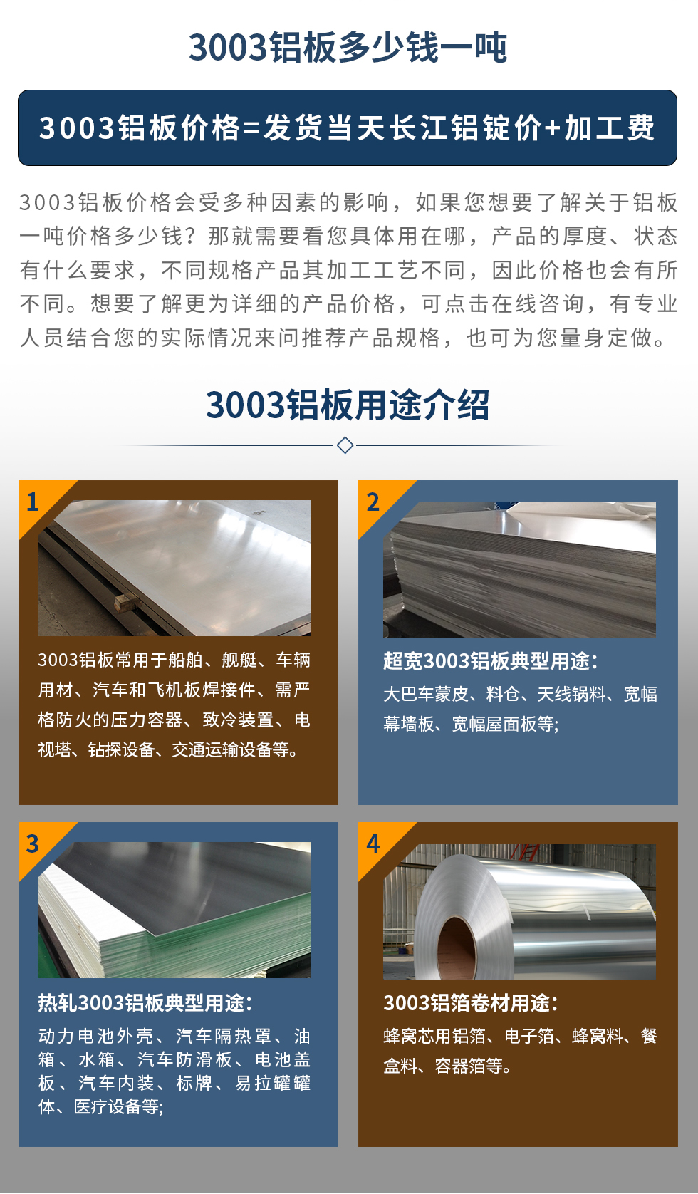 3003鋁板用途介紹
  3003鋁板常用于船舶、艦艇、車輛用材、汽車和飛機板焊接件、需嚴格防火的壓力容器、致冷裝置、電視塔、鉆探設備、交通運輸設備等。超寬3003鋁板典型用途:大巴車蒙皮、料倉、天線鍋料、寬幅幕墻板、寬幅屋面板等;熱軋3003鋁板典型用途:動力電池外殼、汽車隔熱罩、油箱、水箱、汽車防滑板、電池蓋板、汽車內裝、標牌、易拉罐罐體、醫療設備等;3003鋁箔卷材用途: 蜂窩芯用鋁箔、電子箔、蜂窩料、餐盒料、容器箔等。