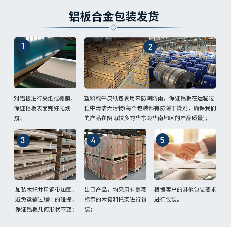 鋁板合金包裝發(fā)貨
  1、對(duì)鋁板進(jìn)行夾紙或覆膜,保證鋁板表面完好無(wú)劃痕;
  2、塑料或牛皮紙包裹用來(lái)防潮防雨,保證鋁板在運(yùn)輸過(guò)程中清潔無(wú)污物(每個(gè)包裝都有防潮干燥劑,確保我們的產(chǎn)品在陰雨較多的華東跟華南地區(qū)的產(chǎn)品質(zhì)量);
  3、加裝木托并用鋼帶加固,避免運(yùn)輸過(guò)程中的碰撞,保證鋁板幾何形狀不變;
  4、出口產(chǎn)品,均采用有熏蒸標(biāo)示的木箱和托架進(jìn)行包裝;
  5、根據(jù)客戶(hù)的其他包裝要求進(jìn)行包裝;