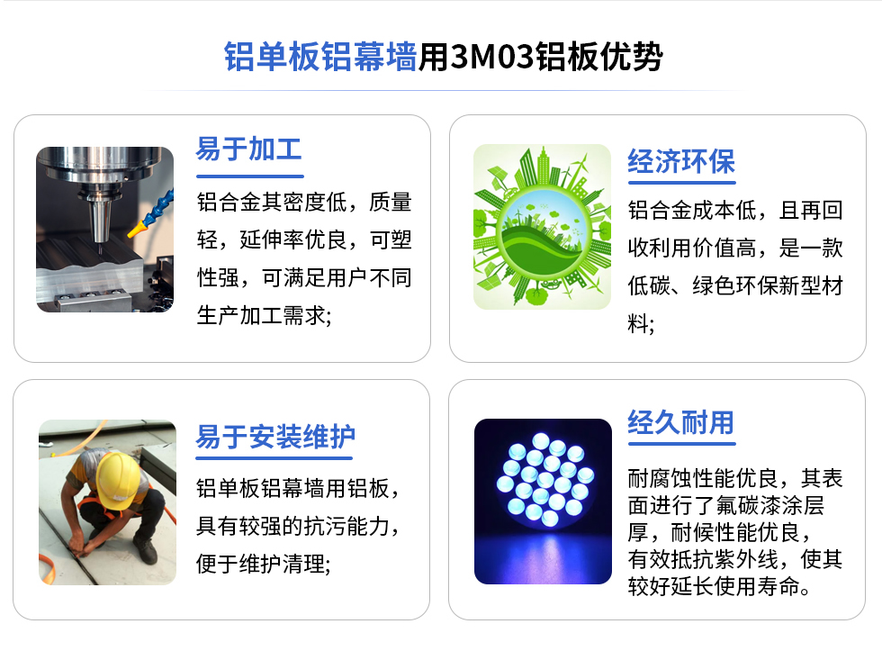 鋁單板鋁幕墻用3M03鋁板優(yōu)勢(shì)
易于加工
鋁合金其密度低,質(zhì)量輕,延伸率優(yōu)良,可塑性強(qiáng),可滿足用戶不同生產(chǎn)加工需求;
易于安裝維護(hù)
鋁單板鋁幕墻用鋁板具有較強(qiáng)的抗污能力,便于維護(hù)清理;
經(jīng)濟(jì)環(huán)保
鋁合金成本低,且再回收利用價(jià)值高,是一款低碳、綠色環(huán)保新型材料,
經(jīng)久耐用
耐腐蝕性能優(yōu)良,其表面進(jìn)行了氟碳漆涂層厚,耐候性能優(yōu)良,有效抵抗紫外線,使其較好延長(zhǎng)使用壽命。